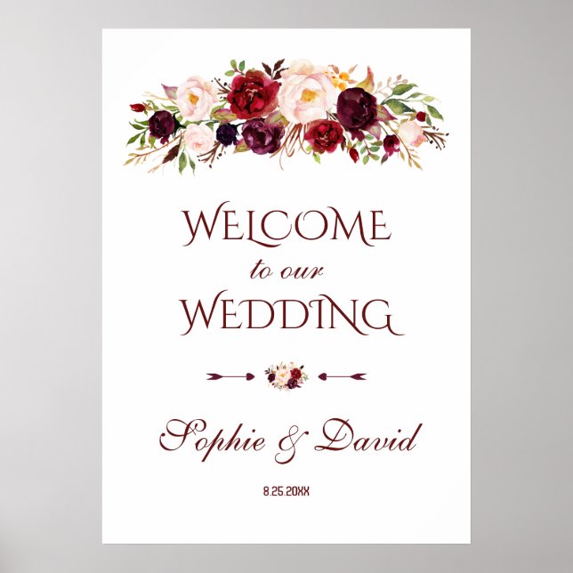 Burgundy Red Marsala Floral Welcome Wedding Sign (Front)