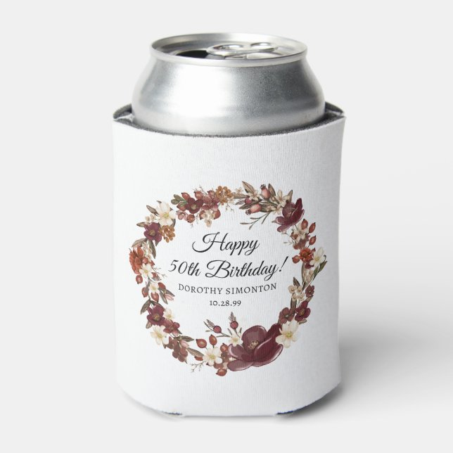 Burgundy Red Mauve Fall Flowers 50th Birthday Can Cooler (Can Front)
