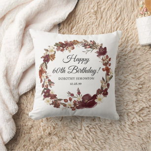 Burgundy Red Mauve Fall Flowers 60th Birthday Cushion