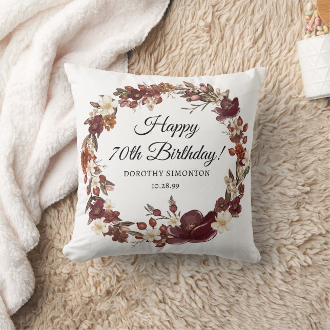 Burgundy Red Mauve Fall Flowers 70th Birthday Cushion (Blanket)