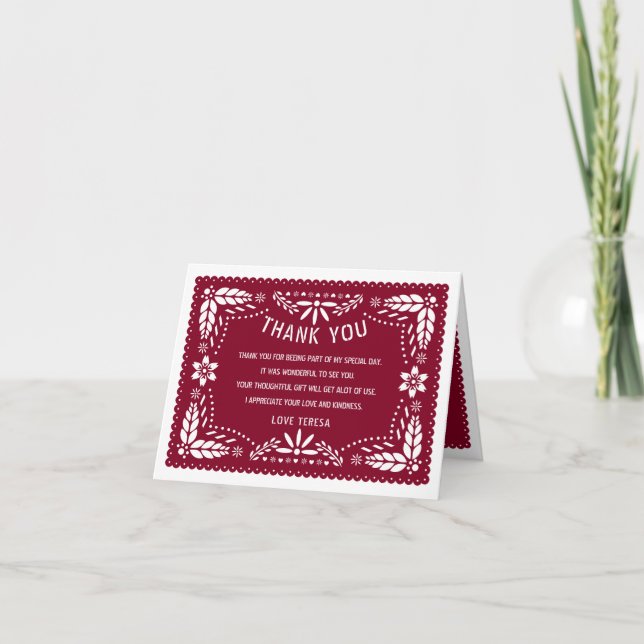 Burgundy red Mexican papel picado QUINCEAÑERA  Thank You Card (Front)