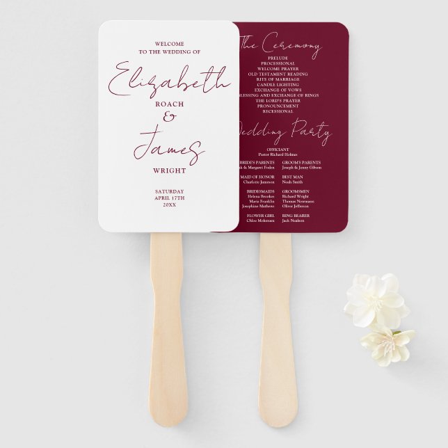 Burgundy Red Minimalist Script Wedding Program Hand Fan (Front and Back)