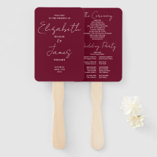 Burgundy Red Minimalist Script Wedding Program Hand Fan