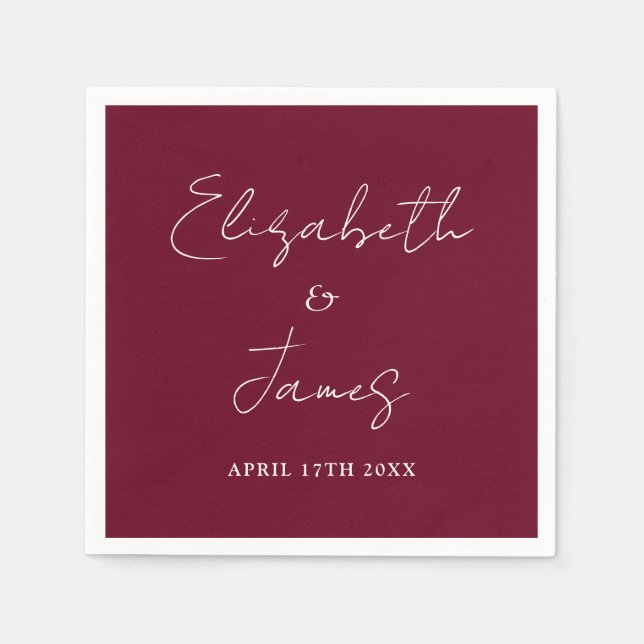 Burgundy Red Modern Minimalist Script Wedding Napkin (Front)