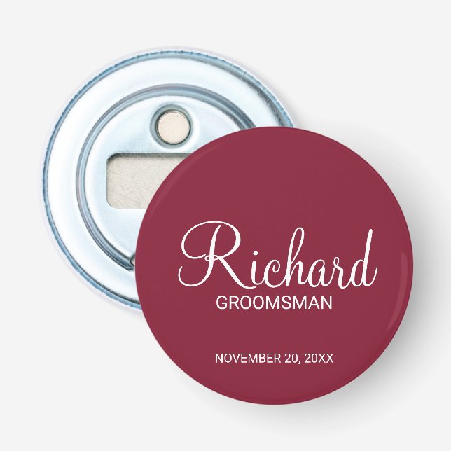 Burgundy Red Modern Script Personalised Groomsman Bottle Opener (Front)