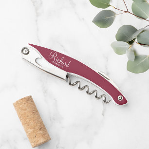 Burgundy Red Modern Script Personalised Groomsman Corkscrew
