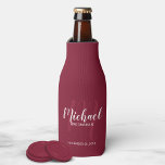 Burgundy Red Modern Script Personalised Groomsmen Bottle Cooler<br><div class="desc">Add a personal touch to your wedding with personalised groomsmen bottle cooler. This bottle cooler features personalised groomsmen's name in white modern script font style and monogram in light red modern script font style as background with title and wedding date in white modern sans serif font style on burgundy red...</div>