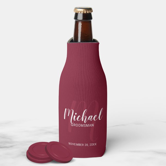 Burgundy Red Modern Script Personalised Groomsmen Bottle Cooler (Creator Uploaded)
