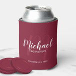 Burgundy Red Modern Script Personalised Groomsmen Can Cooler<br><div class="desc">Add a personal touch to your wedding with personalised groomsmen can cooler. This can cooler features personalised groomsmen's name in white modern script font style and monogram in light red modern script font style as background with title and wedding date in grey modern sans serif font style on burgundy red...</div>