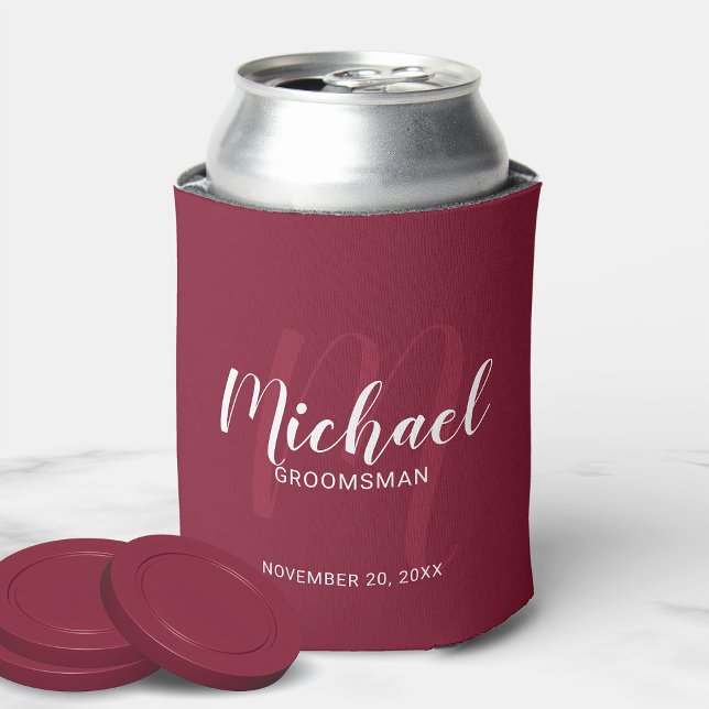 Burgundy Red Modern Script Personalised Groomsmen Can Cooler (Creator Uploaded)