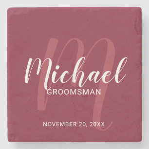 Burgundy Red Modern Script Personalised Groomsmen Stone Coaster