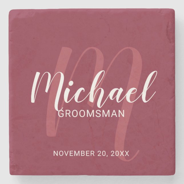 Burgundy Red Modern Script Personalised Groomsmen Stone Coaster (Front)