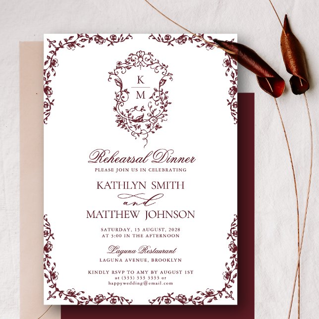 Burgundy Red Monogram Vintage Rehearsal Dinner Invitation (Creator Uploaded)