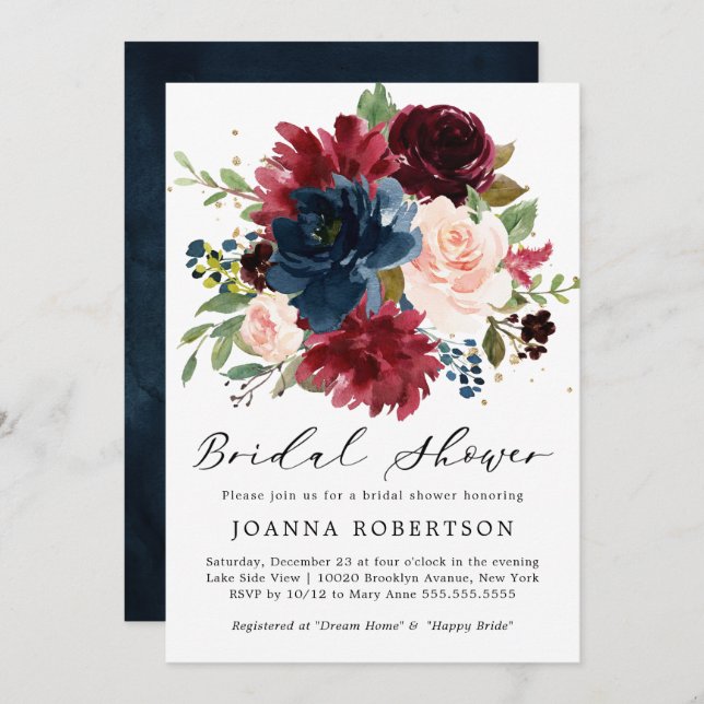 Burgundy Red Navy Blue Floral Bridal Shower Invitation (Front/Back)