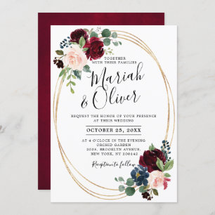 Burgundy Red Navy Blue Floral Geometric Wedding Invitation