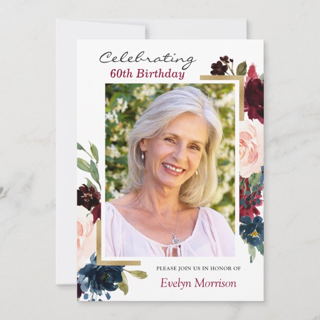 Burgundy Red Navy Blue Floral Photo Birthday Party Invitation (Front)