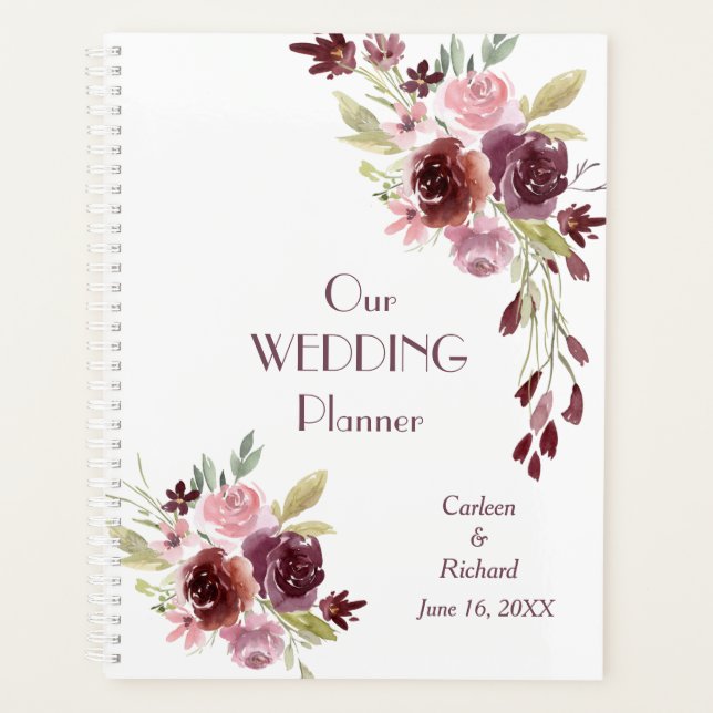 Burgundy Red Navy Blue Floral Wedding Planner (Front)