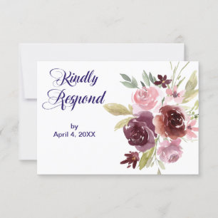 Burgundy Red Navy Blue Floral Wedding RSVP Card