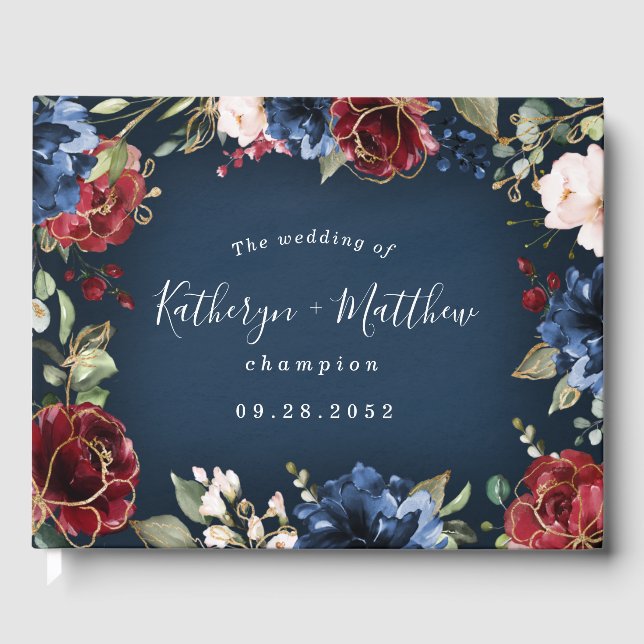 Burgundy Red Navy Blue Gold and Blush Pink Wedding Guest Book (Front)