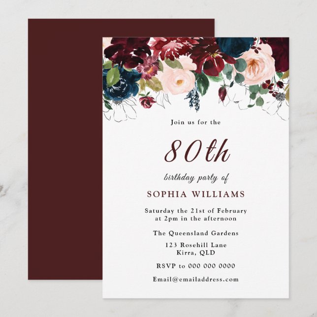 Burgundy Red Navy Blush Floral 80th Birthday Party Invitation (Front/Back)