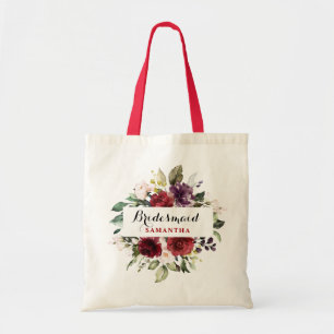 Burgundy Red Navy Floral Boho Bridesmaid gift Tote Bag