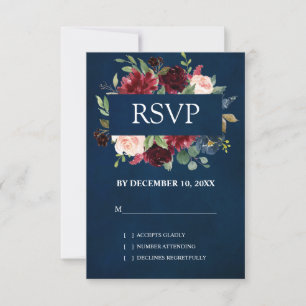 Burgundy Red Navy Floral Boho Wedding RSVP Card
