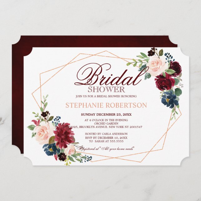 Burgundy Red Navy Floral Geometric Bridal Shower Invitation (Front/Back)