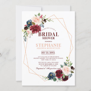 Burgundy Red Navy Floral Geometric Bridal Shower Invitation