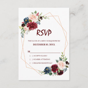 Burgundy Red Navy Floral Geometric RSVP card