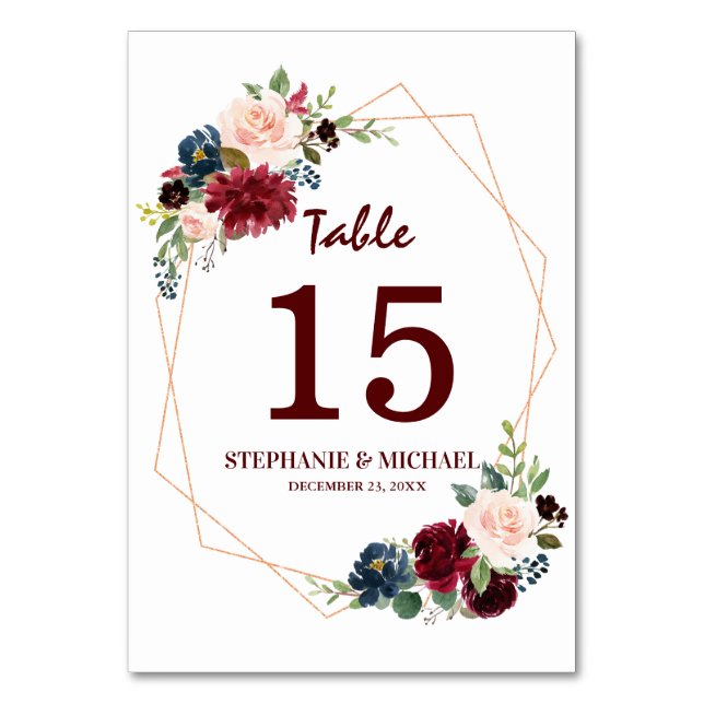 Burgundy Red Navy Floral Geometric Table Number (Front)