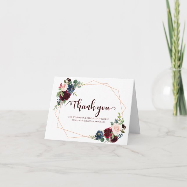 Burgundy Red Navy Floral Geometric Thank you Card (Front)