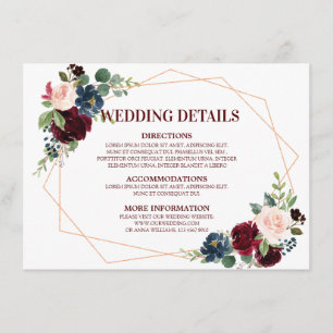Burgundy Red Navy Floral Geometric Wedding Details Enclosure Card