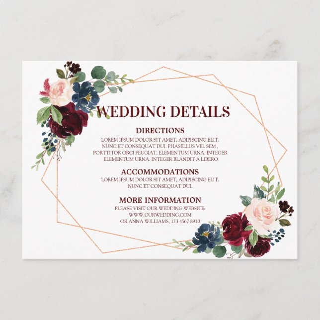 Burgundy Red Navy Floral Geometric Wedding Details Enclosure Card (Front)