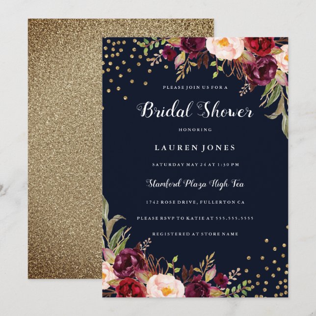Burgundy Red Navy floral Gold Bridal Shower Invitation (Front/Back)