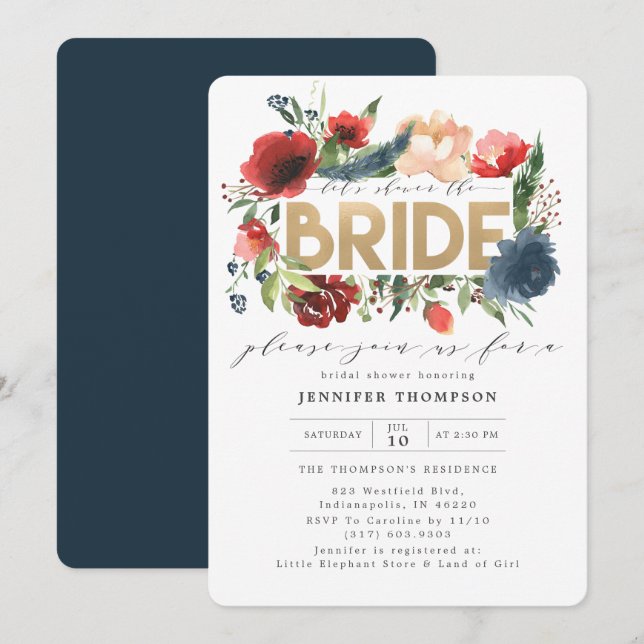 Burgundy Red Navy Floral Gold Foil  Bridal Shower Invitation (Front/Back)