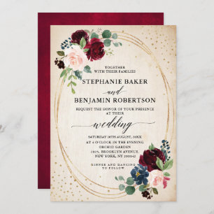 Burgundy Red Navy Floral modern geometric wedding Invitation
