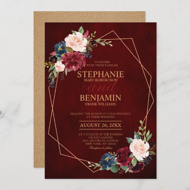 Burgundy Red Navy Floral modern geometric wedding Invitation (Front/Back)