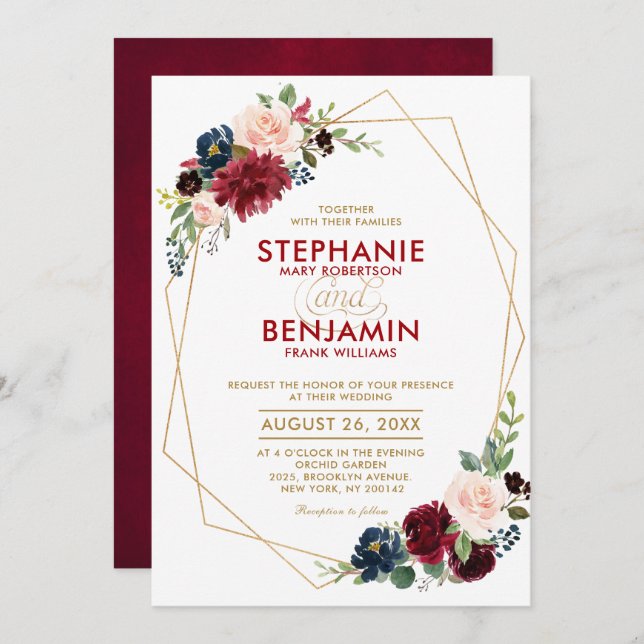 Burgundy Red Navy Floral modern geometric wedding Invitation (Front/Back)