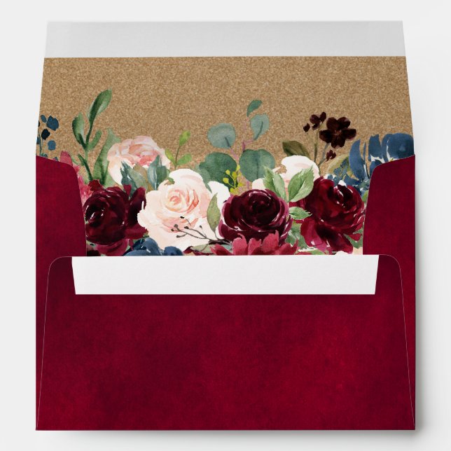 Burgundy Red Navy Floral Return Address Envelope (Back (Bottom))