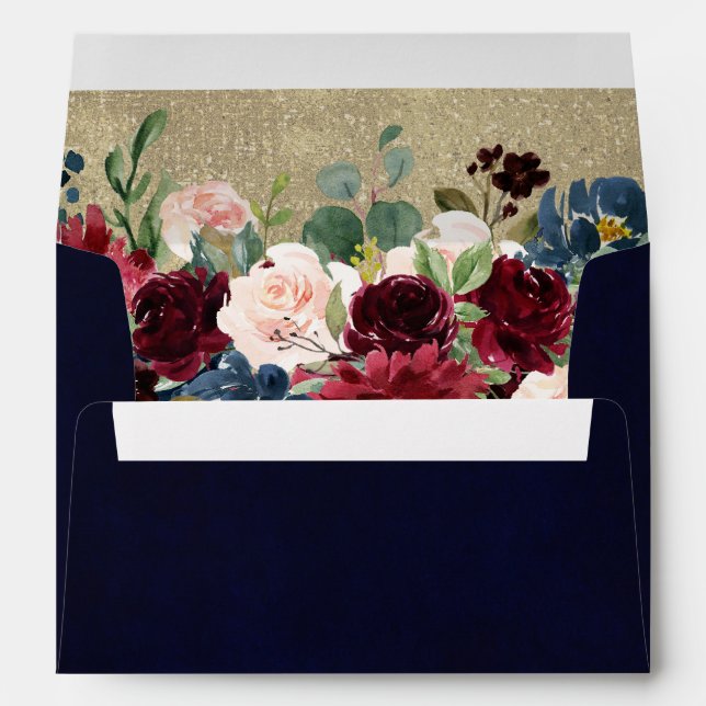 Burgundy Red Navy Floral Return Address Envelope (Back (Bottom))