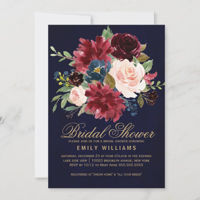 Burgundy Red Navy Floral Rustic Boho Bridal Shower Invitation (Front)