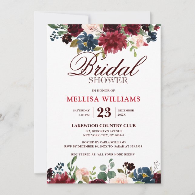 Burgundy Red Navy Floral Rustic Boho Bridal Shower Invitation (Front)