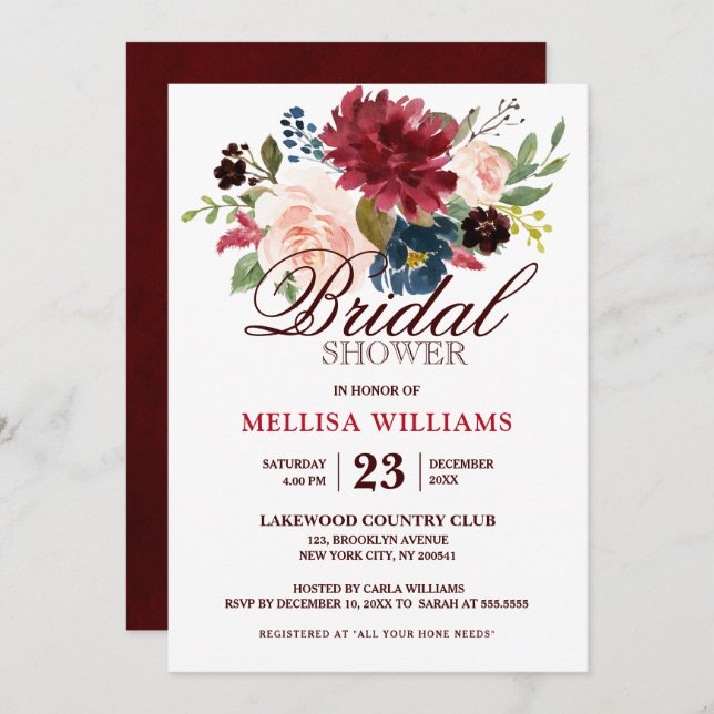 Burgundy Red Navy Floral Rustic Boho Bridal Shower Invitation (Front/Back)