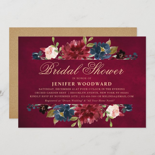 Burgundy Red Navy Floral Rustic Boho Bridal Shower Invitation (Front/Back)