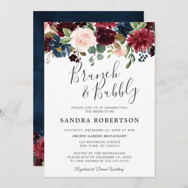 Burgundy Red Navy Floral Rustic Boho Bridal Shower Invitation (Front/Back)