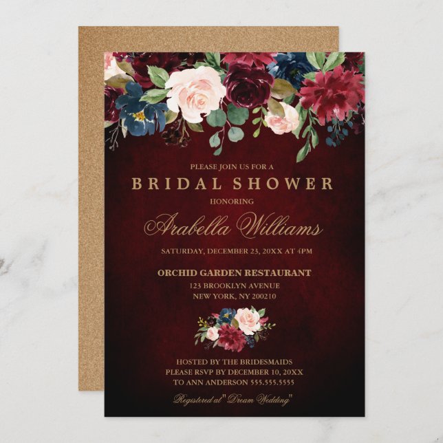 Burgundy Red Navy Floral Rustic Boho Bridal Shower Invitation (Front/Back)