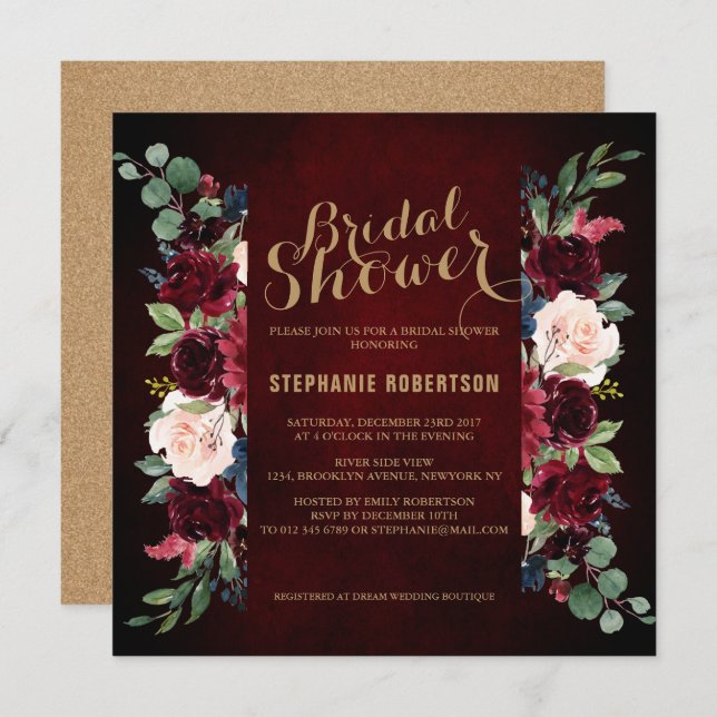 Burgundy Red Navy Floral Rustic Boho Bridal Shower Invitation (Front/Back)