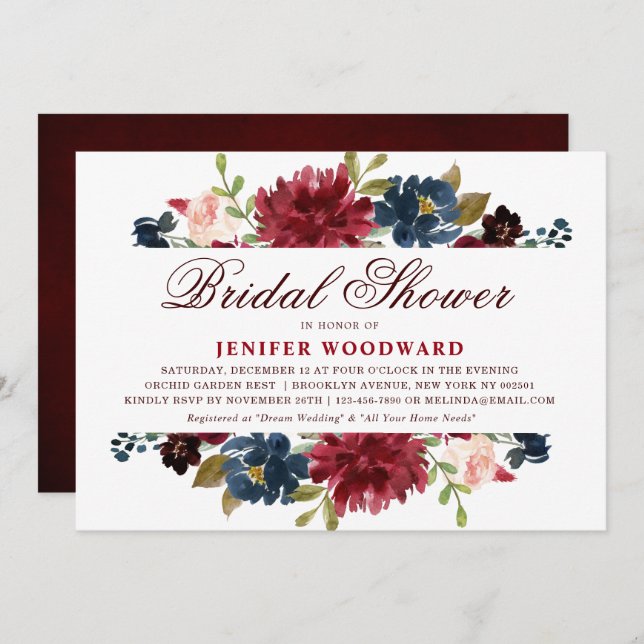 Burgundy Red Navy Floral Rustic Boho Bridal Shower Invitation (Front/Back)