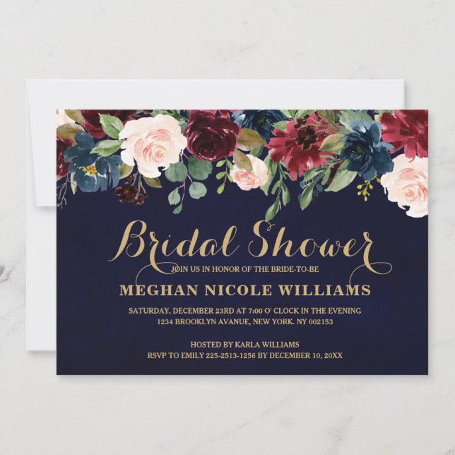 Burgundy Red Navy Floral Rustic Boho Bridal Shower Invitation (Front)