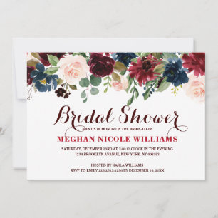 Burgundy Red Navy Floral Rustic Boho Bridal Shower Invitation